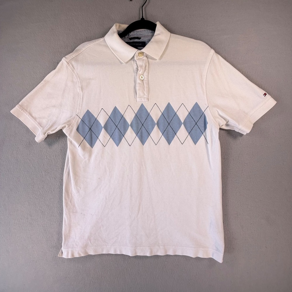 Tommy Hilfiger Polo Shirt Men's M White Blue Argyle Short Sleeve Cotton Preppy